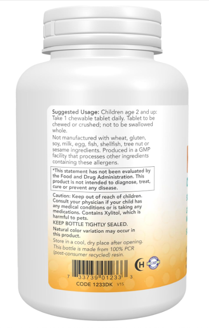 NOW Kids Kid Cal Orange chewable calcium tablets bottle back label