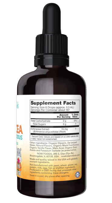 NOW Kids Liquid Echinacea bottle back label with directions for use