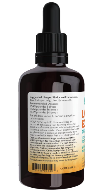 NOW Kids Liquid Echinacea supplement facts and ingredients panel