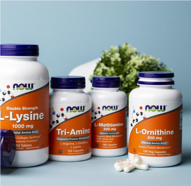 NOW Foods amino acid supplements including L-Methionine 500 mg with Vitamin B-6 bottles and capsules