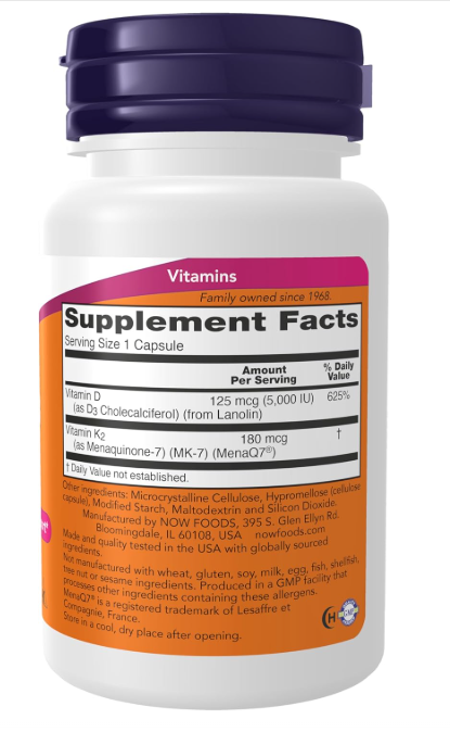NOW Supplements Mega D-3 & MK-7 120 capsules supplement facts, directions, and ingredient details.