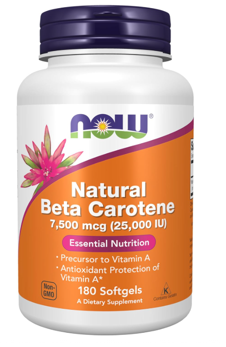 NOW Foods Natural Beta Carotene 25,000 IU softgels bottle front label 180 Softgels