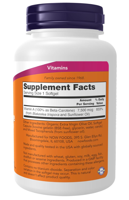 NOW Foods Natural Beta Carotene supplement facts and directions panel 180 Softgels