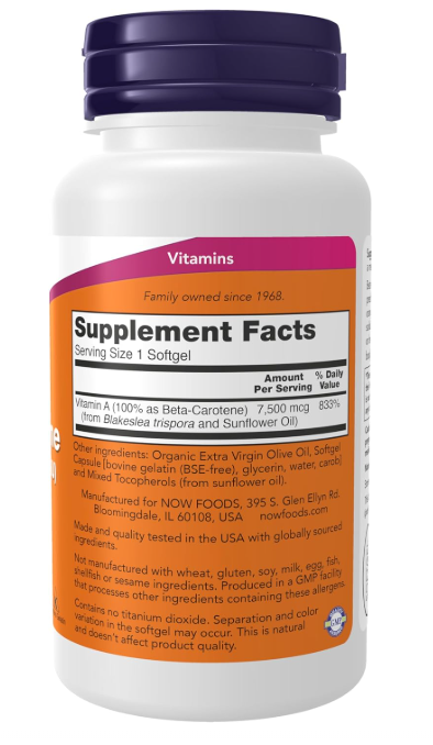 NOW Foods Natural Beta Carotene supplement facts and directions panel 90 Capsules

