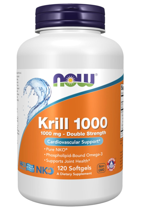 NOW Foods Krill 1000 softgels bottle front label showing 1000 mg Antarctic krill oil omega-3 supplement 120 Softgels