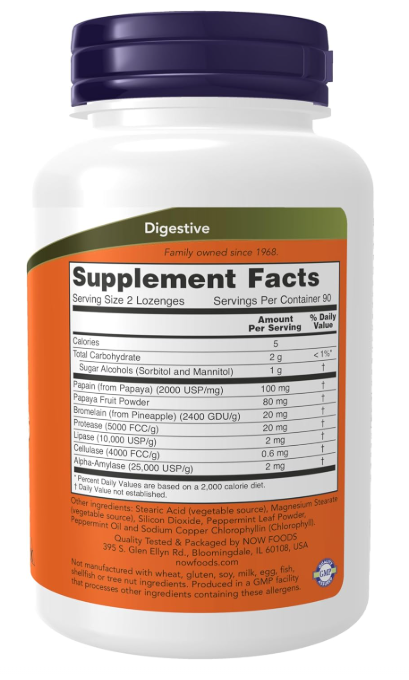 NOW Foods Chewable Papaya Enzymes supplement facts and directions panel 180ct
