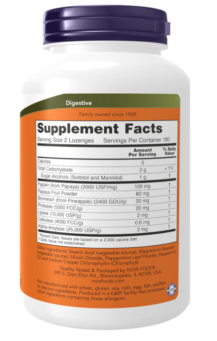 NOW Foods Chewable Papaya Enzymes supplement facts and directions panel 360ct