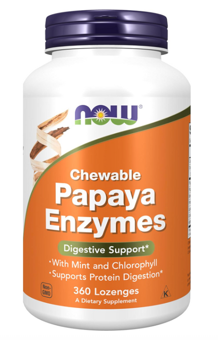 NOW Foods Chewable Papaya Enzymes 360 lozenges bottle front label