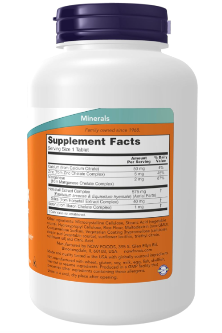 NOW Foods Silica Complex with Horsetail Extract veg capsules supplement facts label 180 Tablets