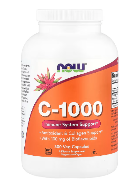 NOW Foods C-1000 500 Veg Capsules supplement facts label displaying vitamin C 1000 mg with bioflavonoids per serving