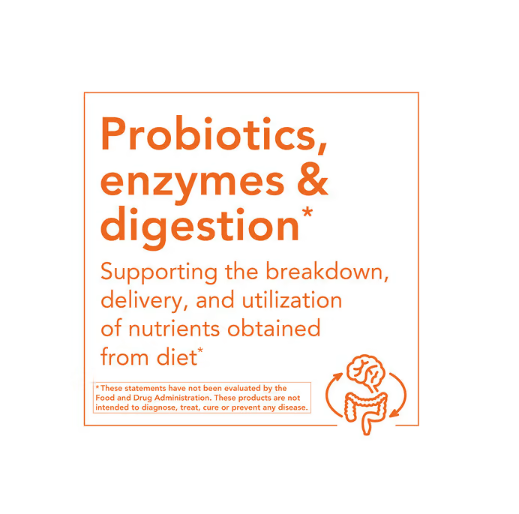 NOW Foods Triphala 500 mg probiotics, enzymes and digestion support graphic promoting nutrient breakdown and gut health