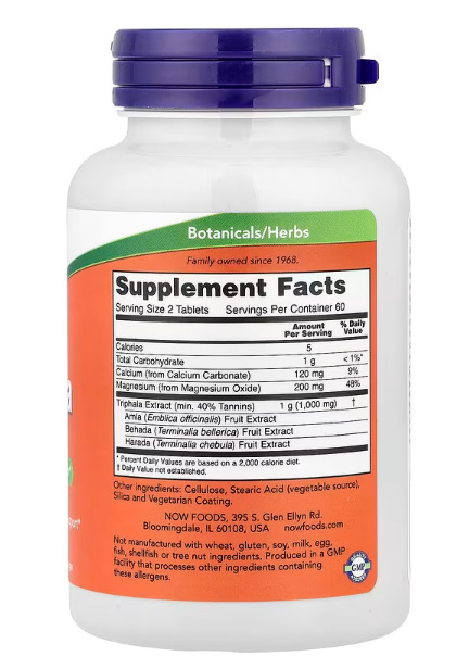 NOW Foods Triphala 500 mg supplement facts label showing Harada, Amla and Behada blend per tablet