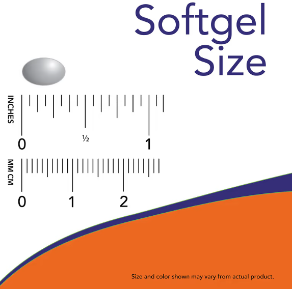 NOW Foods Vitamin A 10,000 IU softgel size comparison chart showing actual capsule dimensions in inches and millimeters.