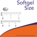 NOW Foods Vitamin A 10,000 IU softgel size comparison chart showing actual capsule dimensions in inches and millimeters.