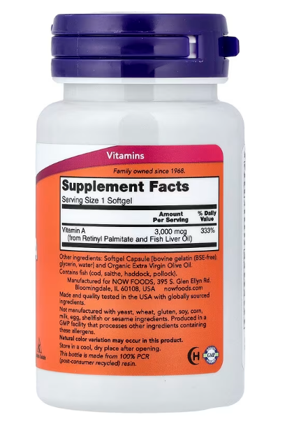 NOW Foods Vitamin A 10,000 IU supplement facts label showing vitamin A per softgel.