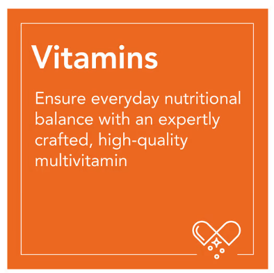 NOW Foods Vitamins graphic promoting daily nutritional balance and high quality multivitamin support.