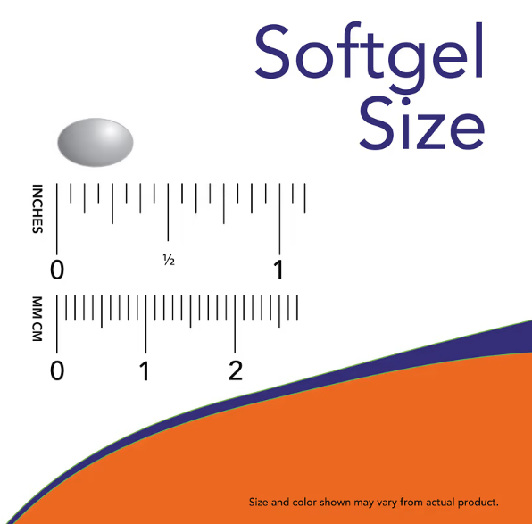 NOW Foods Vitamin A & D 10,000/400 IU softgel size comparison chart showing capsule dimensions in inches and millimeters.