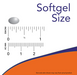 NOW Foods Vitamin A & D 10,000/400 IU softgel size comparison chart showing capsule dimensions in inches and millimeters.