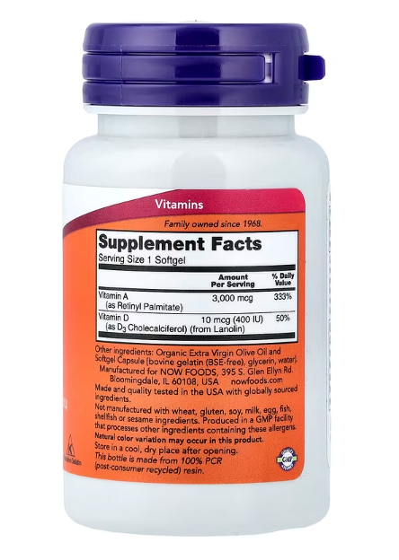 NOW Foods Vitamin A & D supplement facts label showing vitamin A 10,000 IU and vitamin D 400 IU per softgel.