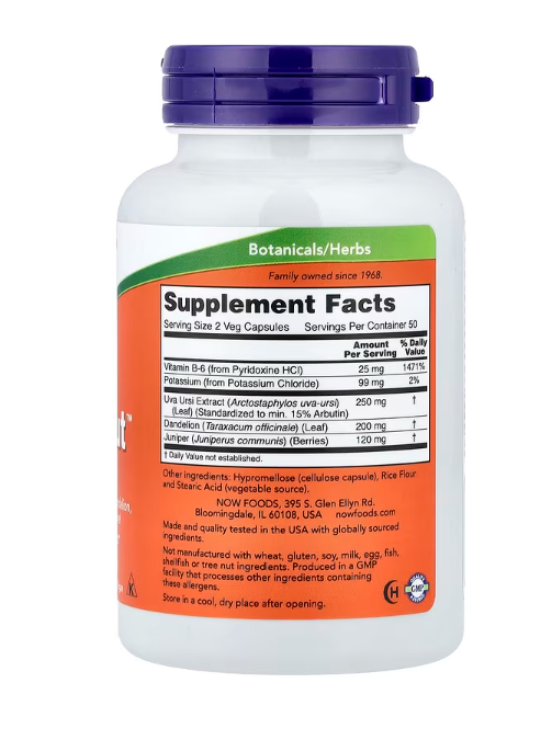 NOW Foods Water Out supplement facts label and ingredient panel herbal formula for fluid balance support