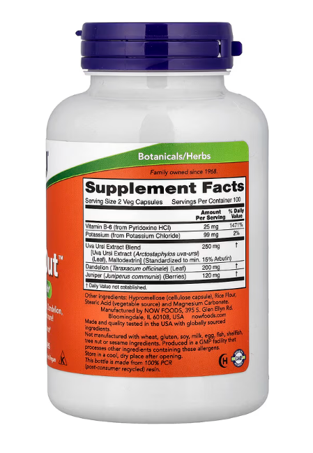 NOW Foods Water Out bottle showing back label with supplement facts and directions