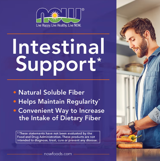 NOW Foods Whole Psyllium Husks intestinal support graphic highlighting natural soluble fiber and digestive regularity benefits