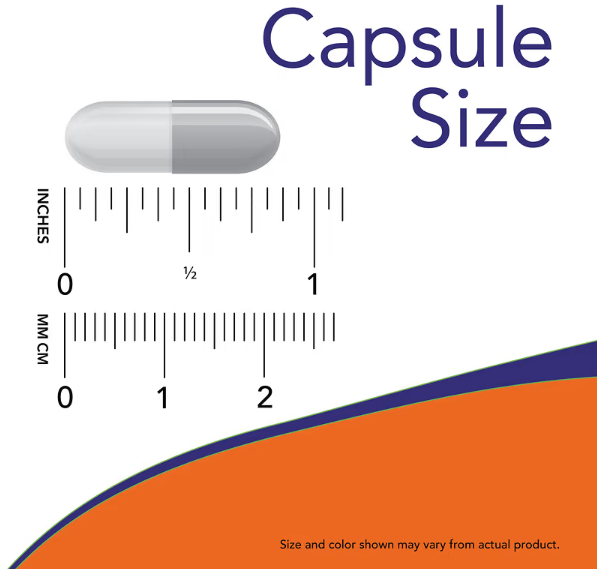 NOW Foods White Willow Bark Extract 400 mg capsule size comparison chart showing veg capsule length next to measurement scale