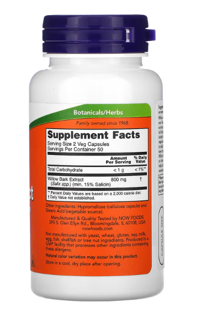 NOW Foods White Willow Bark Extract 400 mg supplement facts label showing standardized 15% salicin per veg capsule