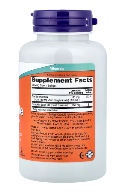 NOW Foods Zinc Glycinate 120 softgels supplement facts panel showing zinc and pumpkin seed oil details.