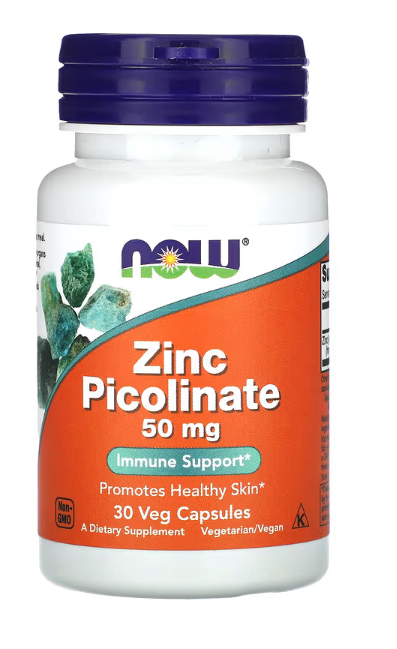 NOW Foods Zinc Picolinate 50 mg 30 Veg Capsules bottle front label for immune and enzyme support