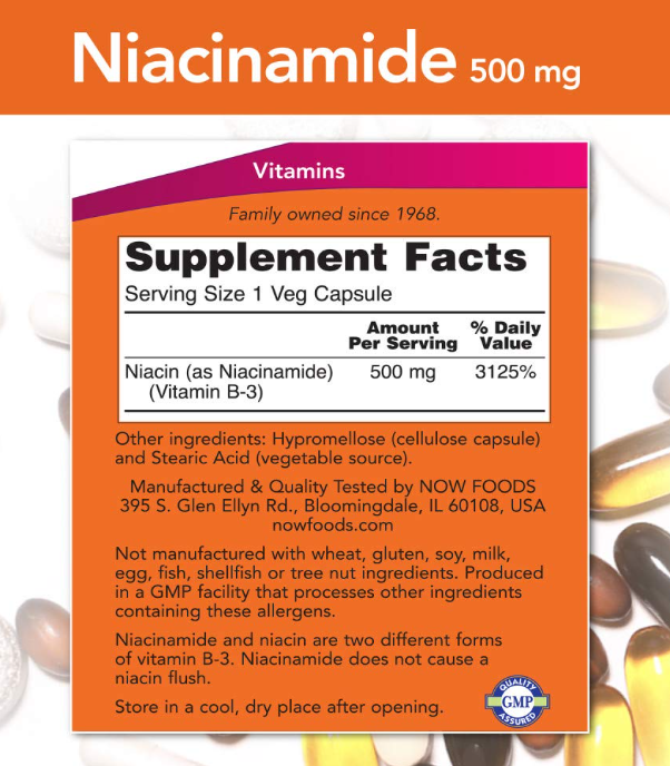NOW Foods Niacinamide 500 mg veg capsules supplement facts label