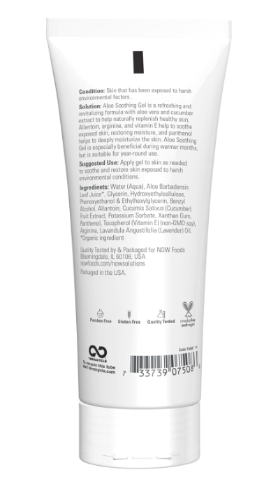 NOW Solutions Aloe Soothing Gel ingredient list and directions panel