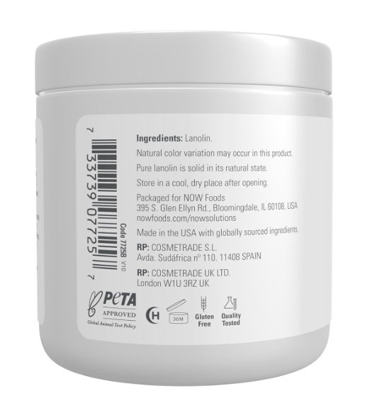 NOW Solutions Pure Lanolin 7 oz ingredient panel and product information label