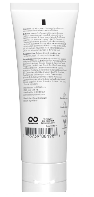 NOW Solutions Vitamin D-3 Cream ingredient and directions panel