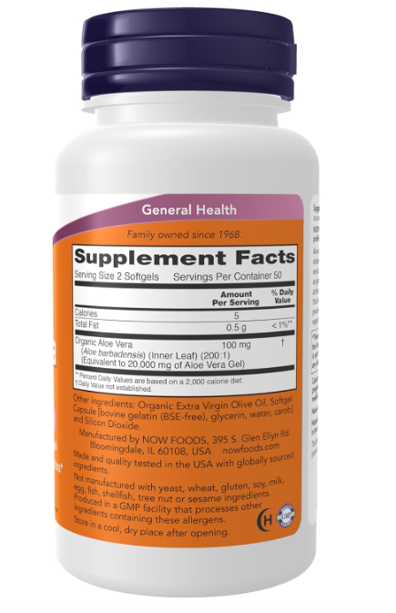 NOW Foods Aloe Vera Gels supplement facts and directions panel 100 count