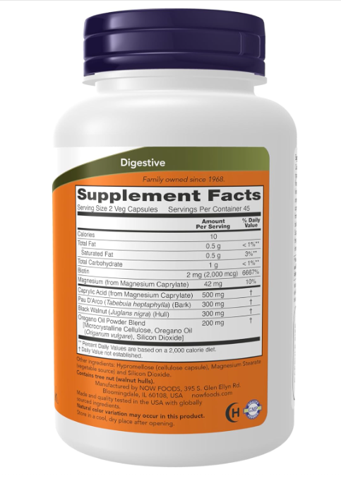 NOW Foods Candida Support supplement facts and directions panel 90 capsules