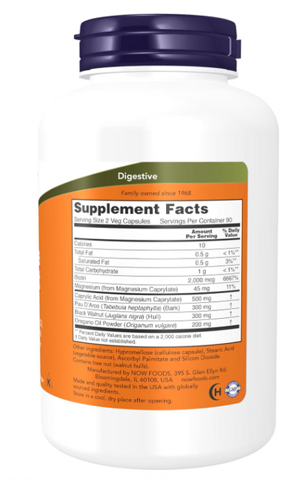 NOW Foods Candida Support supplement facts and directions panel 180 Veg Capsules 