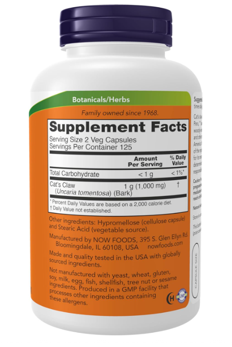 NOW Foods Cat’s Claw supplement facts and directions panel 250 Veg Capsules 