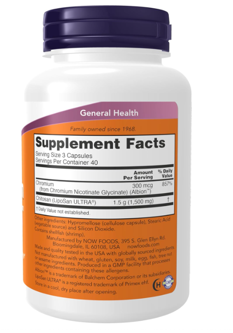NOW Foods Chitosan Plus Chromium supplement facts and directions panel 