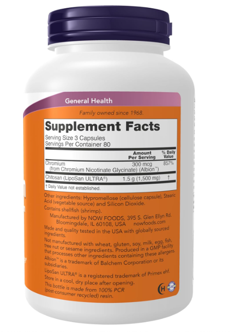 NOW Foods Chitosan Plus Chromium supplement facts and directions panel 240ct