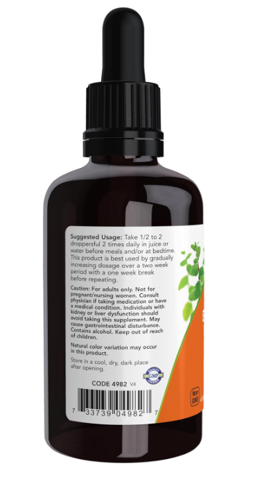 NOW Supplements Green Black Walnut Wormwood Complex Liquid 2 oz bottle back label showing suggested usage directions.