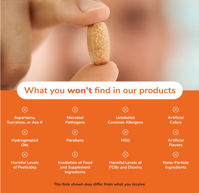 NOW Supplements Kelp 150 mcg quality promise graphic listing no artificial colors, sweeteners, harmful pesticides, hydrogenated oils, or hidden allergens