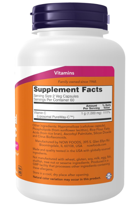 NOW Foods Liposomal Vitamin C supplement facts and ingredient label