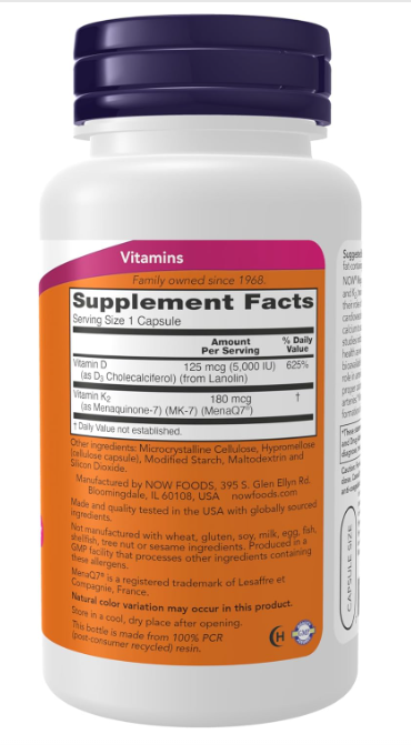 NOW Supplements Mega D-3 & MK-7 60 capsules supplement facts panel, ingredients, and suggested use information.