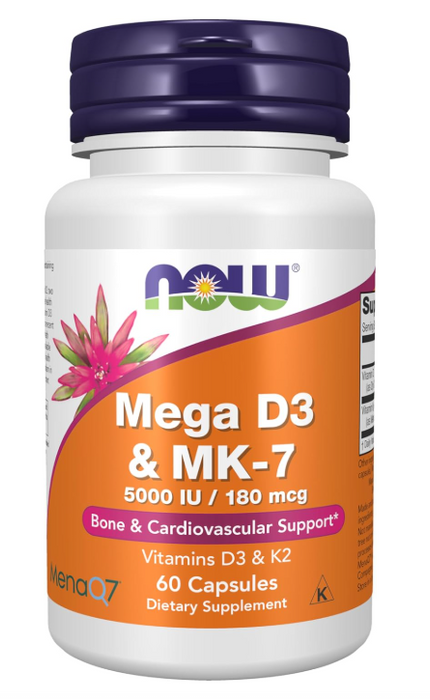 NOW Supplements Mega D-3 & MK-7 5000 IU / 180 mcg 120 capsules high potency vitamin D3 and K2 formula.