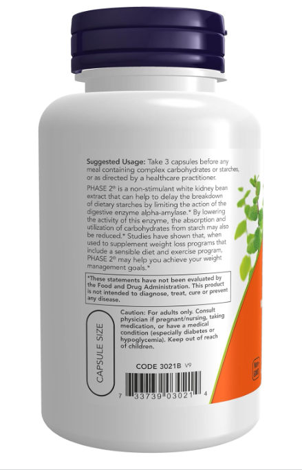 NOW Supplements Phase 2 White Kidney Bean Extract 500 mg back label showing suggested use and product information