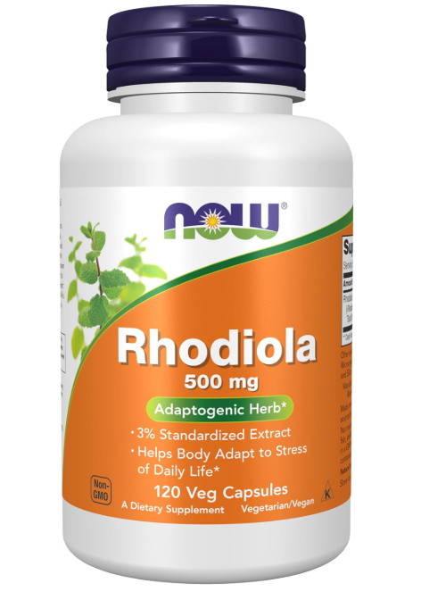 NOW Foods Rhodiola 500 mg adaptogenic herb supplement bottle 120 veg capsules stress and energy support