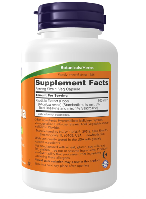 NOW Foods Rhodiola 500 mg supplement facts label bottle 120 veg capsules adaptogenic herbal supplement