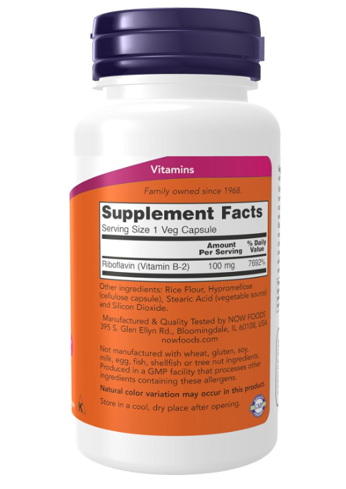 NOW Supplements Vitamin B-2 Riboflavin 100 mg 100 Veg Capsules supplement facts label showing riboflavin per serving