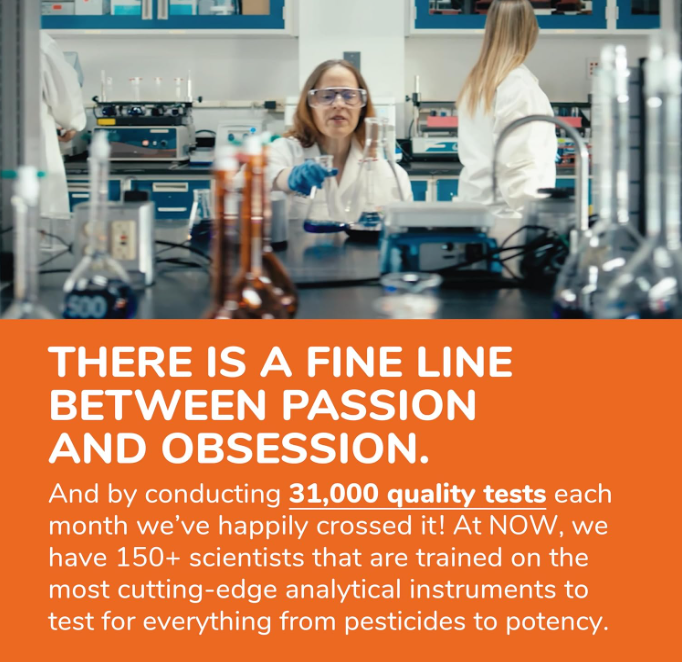 NOW Supplements Vitamin B-2 100 mg quality testing lab graphic highlighting purity and potency testing standards